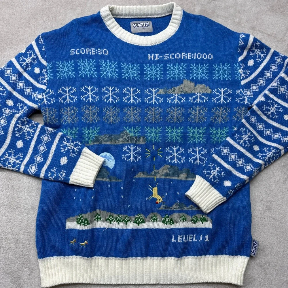 Funziez Ugly Christmas Sweater Mens Large Blue Retro Video Game 8-Bit Holiday